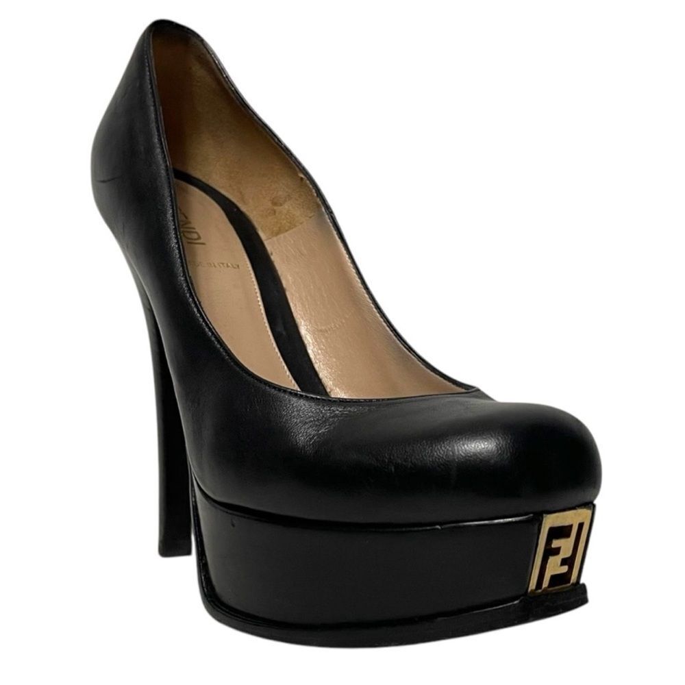 FENDI Fendista Leather Gold Logo Platform Heels 37 - Picture 2 of 16